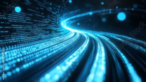 Glowing blue digital tunnel with data streams and light trails on a dark background with bokeh effect 4k video