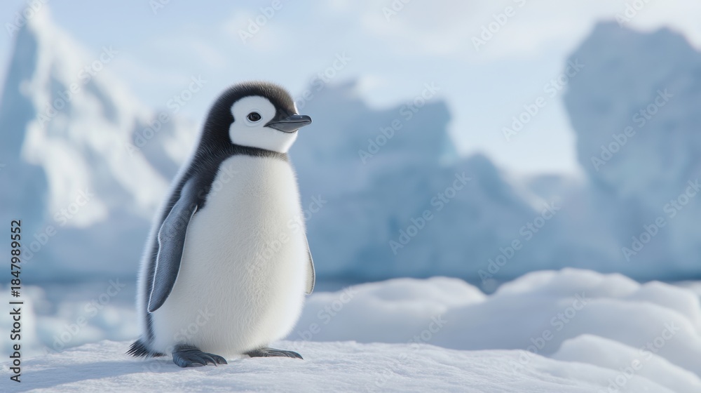 Obraz premium Baby penguin stands on icy ground in cold landscape