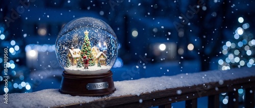 Christmas snow globe on snowy railing creating winter magic