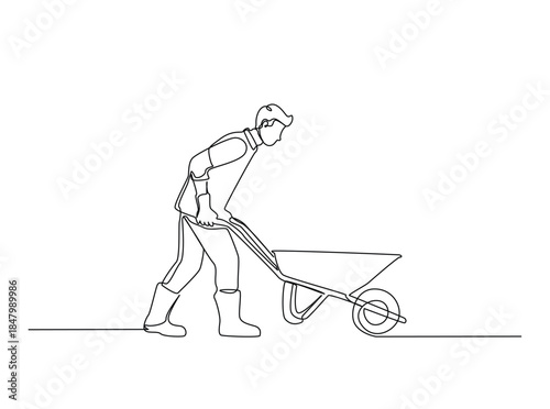 One Line Drawing of farmer walking with wheelbarrow. Minimalist Continuous Line Art of Man pushing wheelbarrow.