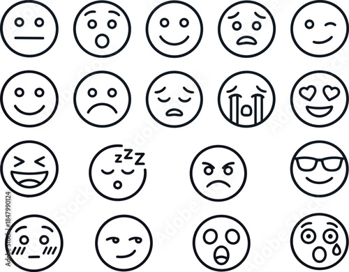 Emoji face icons set, emotion expressions outline, smile sad angry surprised love sleeping vector illustration, minimal style graphic design collection