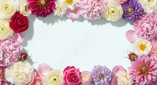 Fototapeta Naklejka Na Ścianę i Meble -  A colorful floral arrangement with roses, dahlia, and peonies on a light blue background.