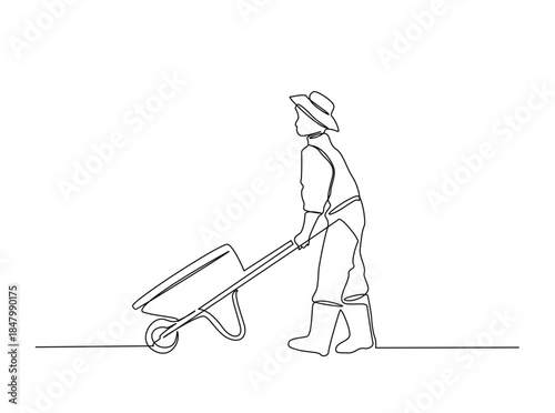 One Line Drawing of farmer walking with wheelbarrow. Minimalist Continuous Line Art of Man pushing wheelbarrow.