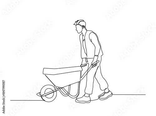 One Line Drawing of farmer walking with wheelbarrow. Minimalist Continuous Line Art of Man pushing wheelbarrow.