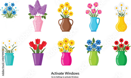 Vibrant Spring Flower Arrangements Vector Collection in Pots and Vases: Floral Icons for Decoration, Garden, Celebration, and Nature Design Elements.