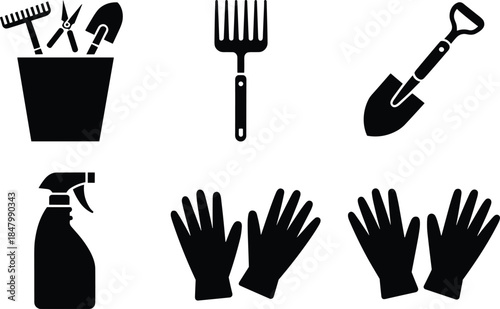 Black silhouette gardening tools illustrations, bucket with rake, shears, trowel, gloves, spray bottle, vector set for horticulture, garden, and landscaping projects