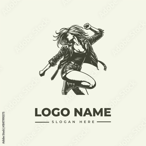 Black and white illustration of a dynamic woman with long hair wearing a leather jacket and boots, holding a microphone, with a bold logo name and slogan on a plain background.