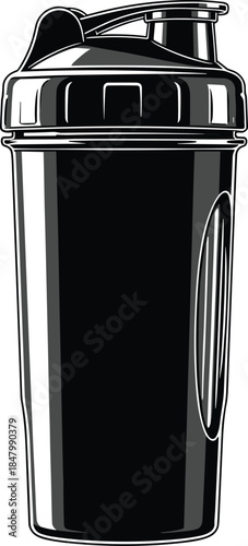 Black plastic protein shaker bottle vector illustration isolated on white background, perfect for gym, fitness, and sports nutrition designs.