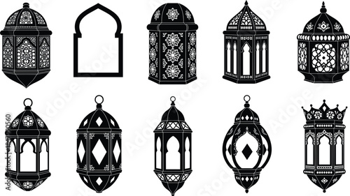 Elegant Arabian Ornamental Lantern and Arch Silhouettes Vector Set: Islamic Design Elements for Ramadan, Eid al-Fitr, Morocco, and Decorative Lighting Concepts