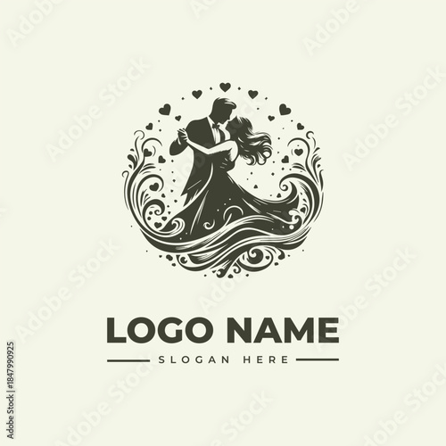 A romantic vector illustration of a dancing couple in a circular logo design with hearts and floral patterns on a beige background.