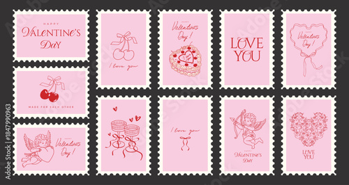 Valentine's Day postage stamp Set with hand drawn Cupid doodles, cherry, cake, bow and romantic line art illustrations. Vintage cards,  stickers, mail postmark. Vector illustration.