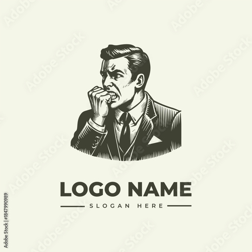 A vector illustration of a man in a suit with his hand on his chin, featuring a logo and slogan text on a plain background.