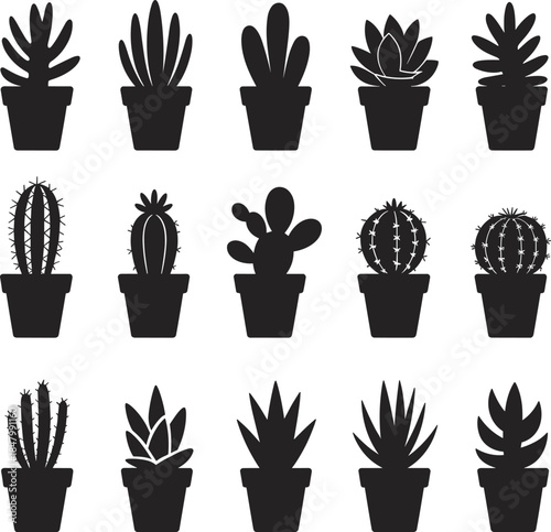Black silhouette cactus and succulent illustrations, potted plant vector set, desert botanical design for gardening, home decor, nature, and floral projects