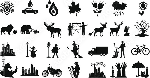 Black silhouette icon set featuring nature, animals, cityscape, business, Halloween, music, transportation, seasons, witch, snowman, trees, flowers, sun, rain, bike, motorcycle vector collection.