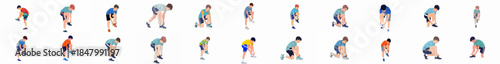 Set of vector illustrations depicting young male athletes or runners tying their shoelaces, preparing for fitness, sport, or workout activities, isolated on white.