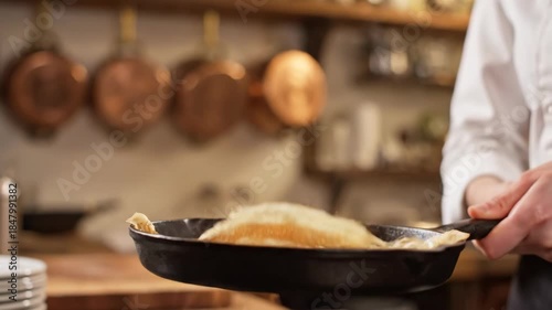 Chef skillfully flips a pancake in a hot pan over a gas stove flame.