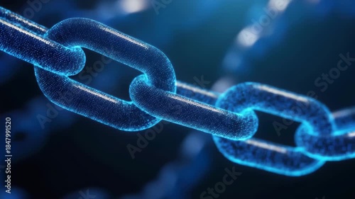 Closeup of glowing blue chain links on dark background with bokeh effect 4k video