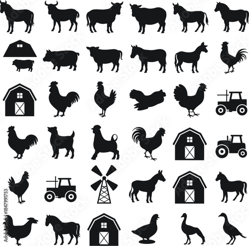 Black silhouette farm animals, barns, tractors, windmill, rural icons, agriculture vector illustration, livestock design, countryside elements, farming equipment, poultry art, decorative nature set