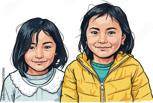 Two Tibetan young girl kids vector illustration
