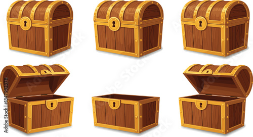 Wooden Treasure Chest Vector Set: Closed and Opened Empty Boxes with Gold Straps for Pirates, Adventure, Gaming, Storage, and Fantasy Concepts.