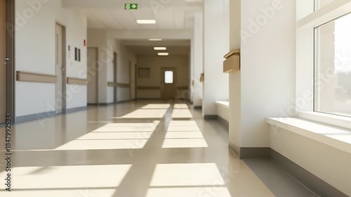 Wheelchair in an empty hospital corridor with sunlit floor shadows. Medical facility without people, healthcare service concept.