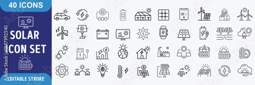 Solar Energy icons set. Solar Energy  icons Pixel perfect. Containing solar panels, sun, generator, energy, and more. Outline Icon Collection. Vector illustration