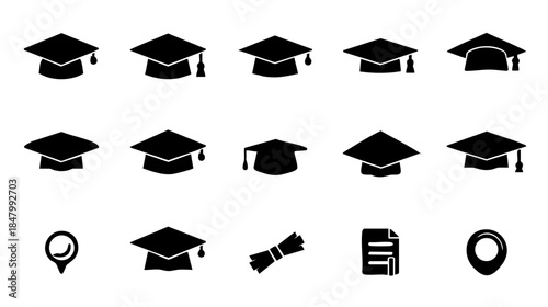 Clean Black Silhouette Graduation Cap Icons - Academic & Success Symbol Collection