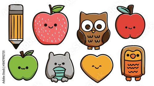 Kawaii School Icons Set - Cute Pencil, Apple, Owl Clip Art Isolated Vector Illustration