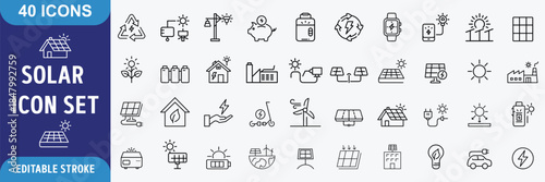 Solar Energy icons set. Solar Energy  icons Pixel perfect. Containing solar panels, sun, generator, energy, and more. Outline Icon Collection. Vector illustration