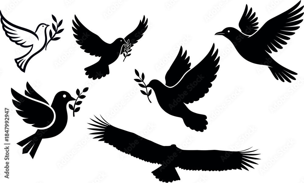 Fototapeta premium Dove of Peace with Olive Branch and Eagle Silhouette Set | Columbidae & Accipitridae Vector Icons