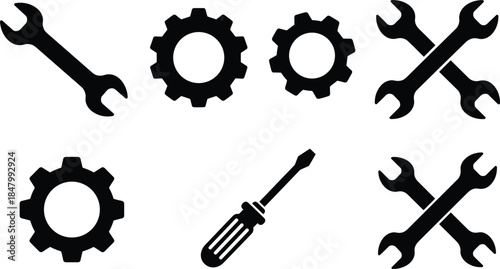 Black silhouette icons of tools and gears, wrench, screwdriver, gear symbols, mechanical elements, maintenance tools, vector isolated on white