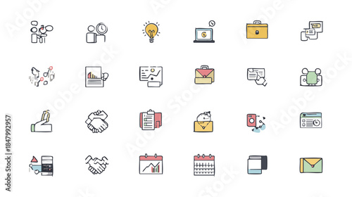 Minimalist Business Icons Flat Style - Vector Symbols for Presentation, Teamwork, Deadline & Innovation