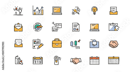 Minimalist Business Icons Flat Style - Vector Symbols for Presentation, Teamwork, Deadline & Innovation