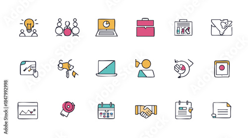 Minimalist Business Icons Flat Style - Vector Symbols for Presentation, Teamwork, Deadline & Innovation