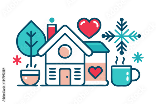 Cute flat illustration of a cozy winter home with hearts, snowflakes, hot drinks, and trees symbolizing warmth and love