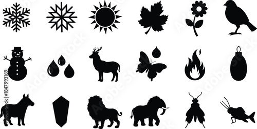 Black silhouette icons of nature and wildlife including snowflakes, sun, leaf, flower, bird, snowman, water drops, deer, butterfly, fire, ornament, horse, gem, lion, elephant, insect, cricket