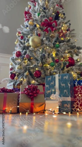 Fairy tale Christmas interior with a snow covered tree and festive gifts. Cozy living room, beautiful decorations and magical winter holiday atmosphere inside a lovely home.Vertical video