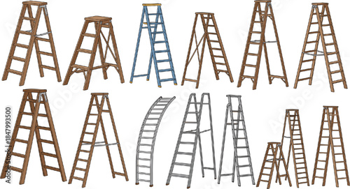 Diverse Step Ladder Vector Collection: Wooden and Metal Ladders for Home Repair, Construction, Maintenance, Access, and Safety Equipment Concepts.