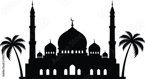 Black mosque silhouette with crescent moon, domes, palm trees, and minarets, Islamic architecture, religious vector design, white background illustration
