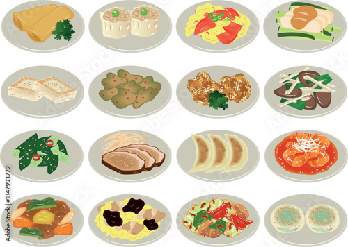 A collection of sixteen different plates showcasing a variety of delicious Asian and Chinese cuisine dishes, including dumplings, stir-fries, and steamed items.