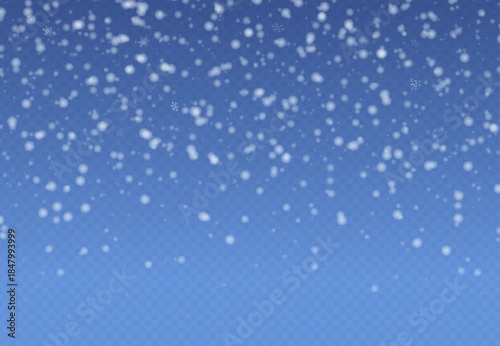 Magic falling snow Christmas overlay. Subtle flying snow flakes on blue winter backdrop. Magic falling snow holiday scenery. Horizontal vector illustration.