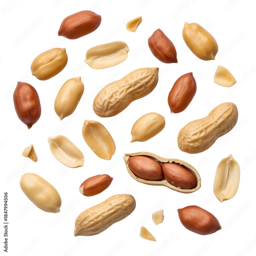 Obraz premium Peanuts and peanut shells floating in air against Transparent background