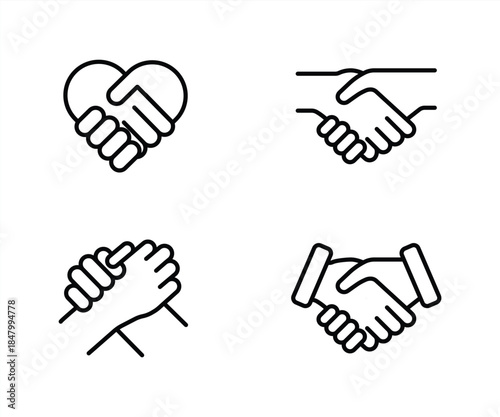 Handshake icon set. Business agreement handshake symbol. Friendly, partnership deal handshake line and silhouette sign. Transparent png and vector illustration