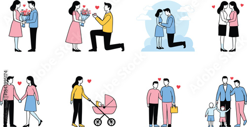 Vector illustration set of diverse couples and families including marriage proposals, dating, same sex partners, and parents with children for romantic and lifestyle design.
