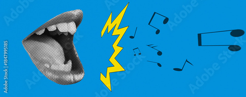 Halftone collage with a singing mouth and notes. Shouting mouth and notes.