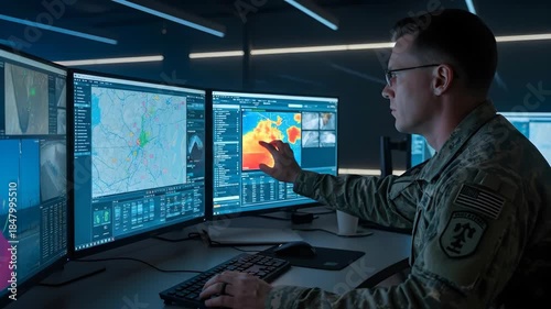 Man in military uniform monitoring security footage and thermal imaging on multiple screens for defense operations