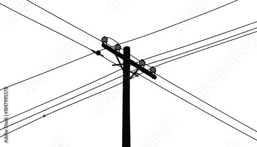Black silhouette electric pole, overhead transmission wires, power line illustration, cross cable utility pole, high voltage vector art drawing