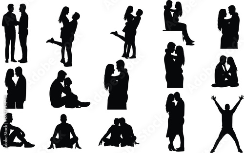 Romantic couples silhouette collection showing love, hugging, kissing and relationship moments, black vector illustrations isolated on white background set