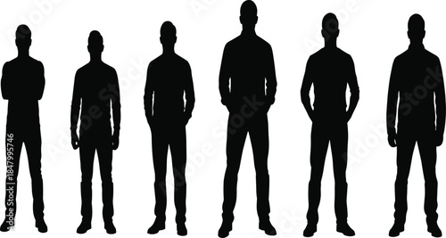 Standing men silhouette collection showing male figures in casual poses, people outline set, black vector illustration isolated on white background