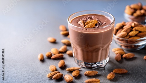 creamy almond chocolate smoothie in a glass garnished with almonds nut milk delicious